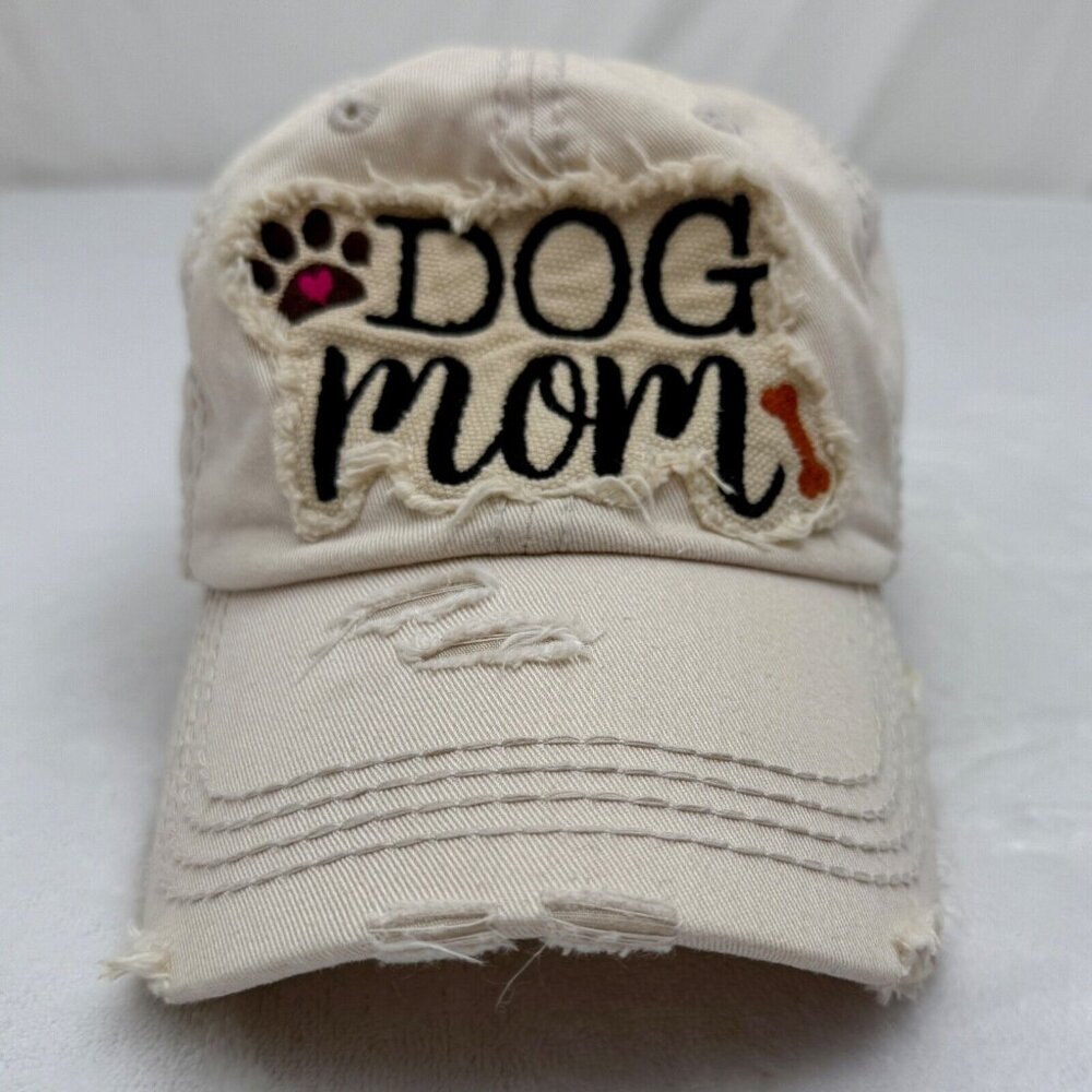 Dog Mom Distressed Adjustable Cap Hat White
